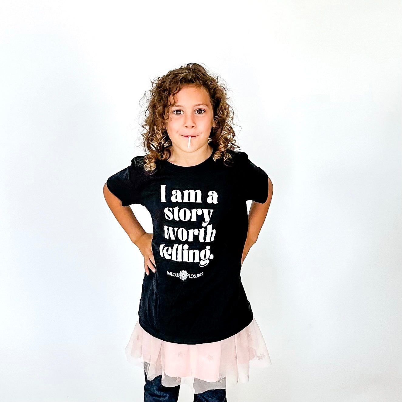 Story Worth Telling Youth Tee – Charcoal Gray and Pink