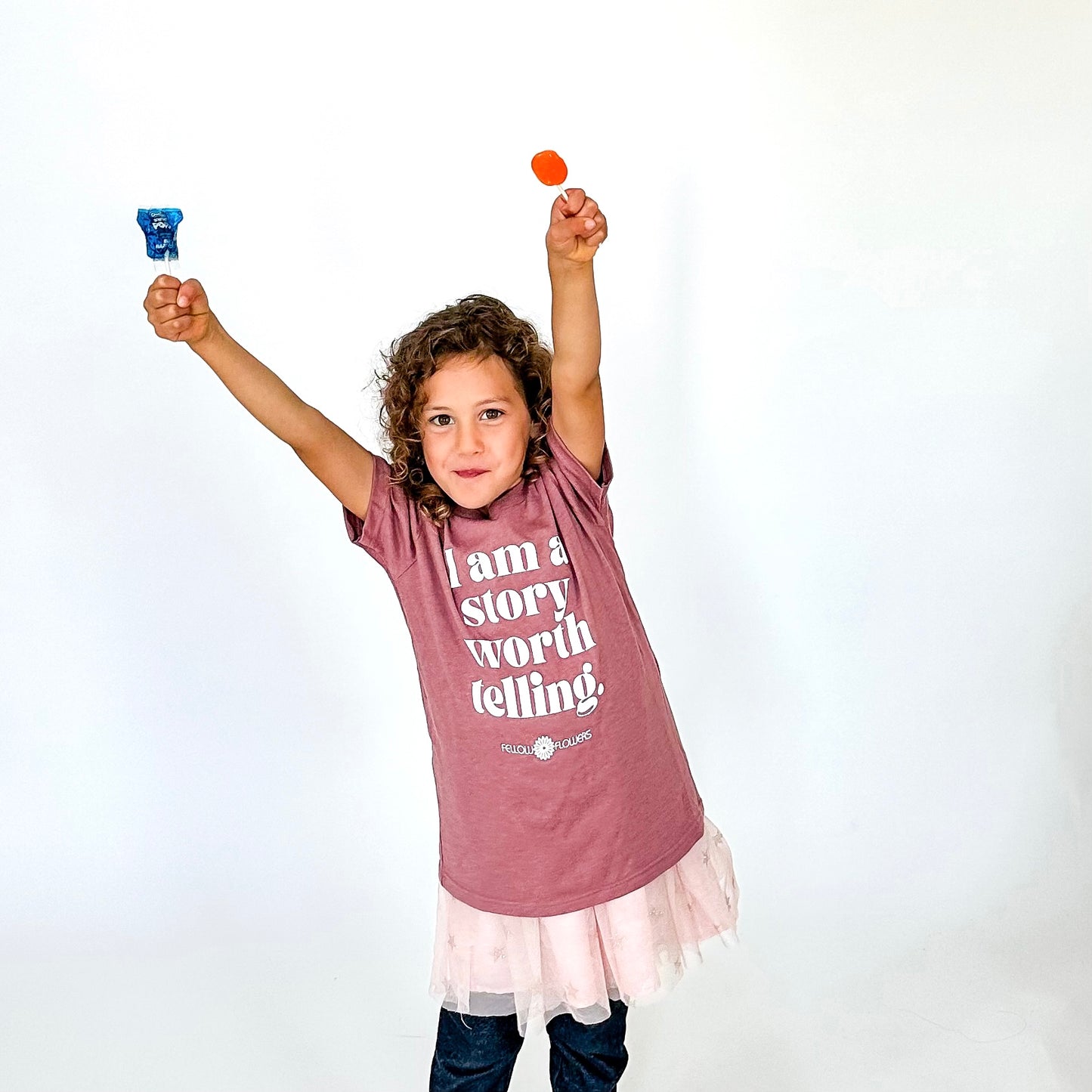Story Worth Telling Youth Tee – Charcoal Gray and Pink