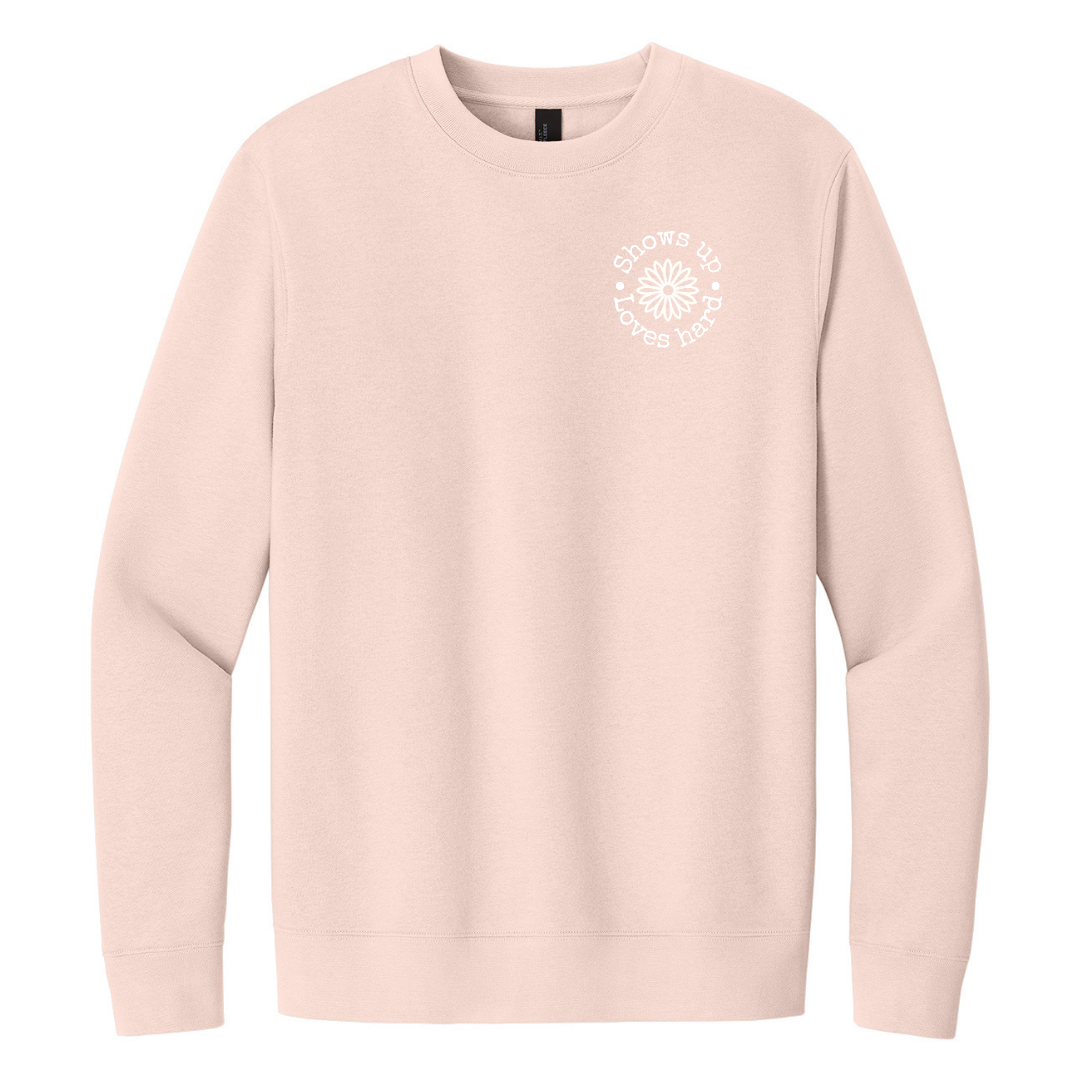 Shows Up, Loves Hard Sweatshirt – Pink and Charcoal