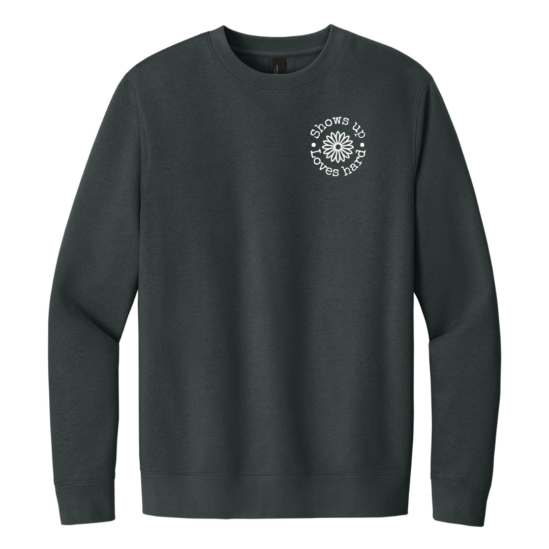 Shows Up, Loves Hard Sweatshirt – Pink and Charcoal