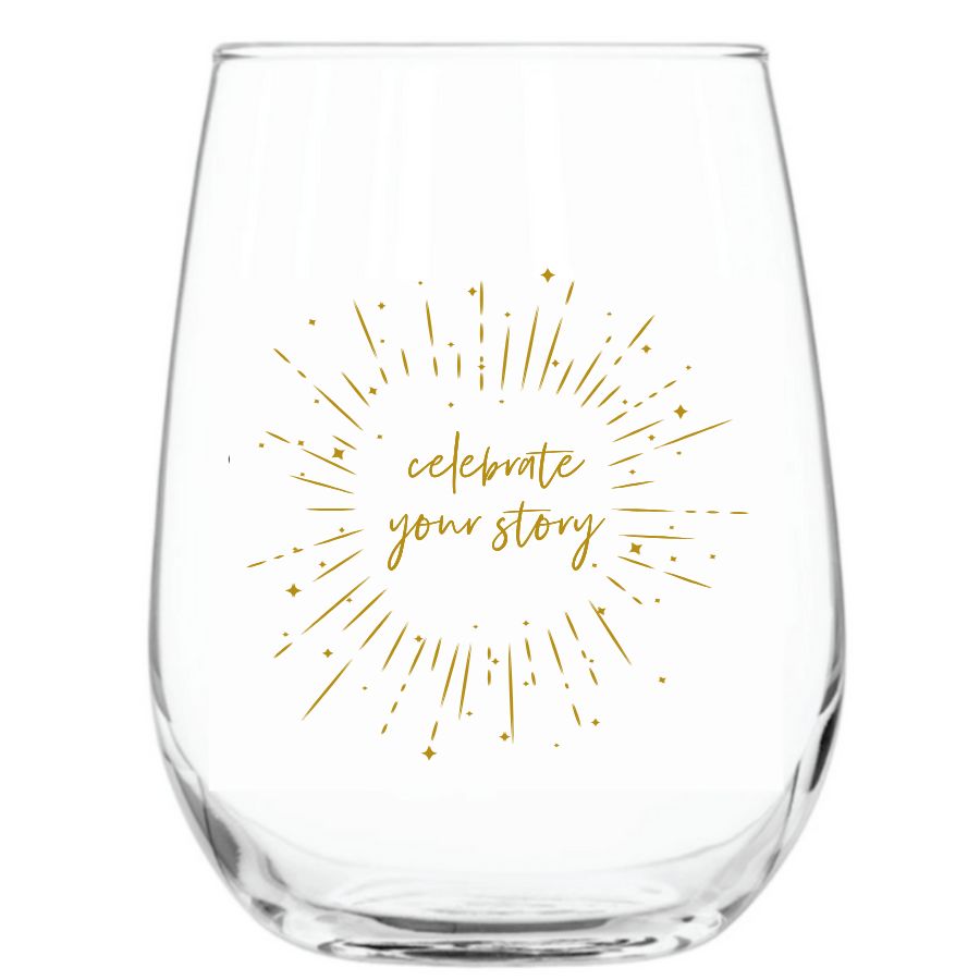 Celebrate Your Story Wine Glass – Gold and Burgundy
