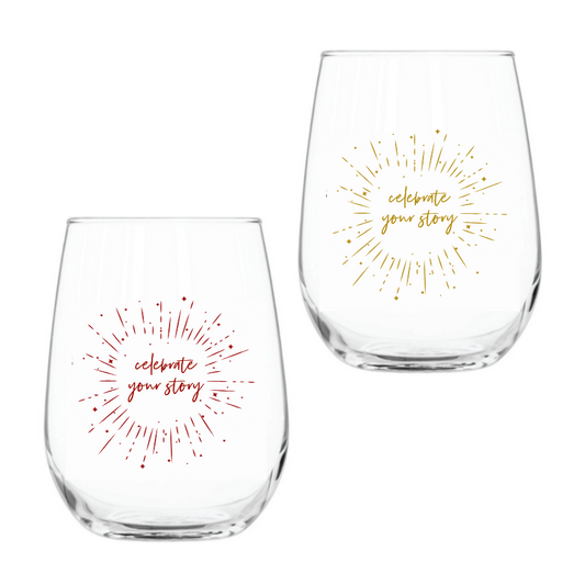 Celebrate Your Story Wine Glass – Gold and Burgundy